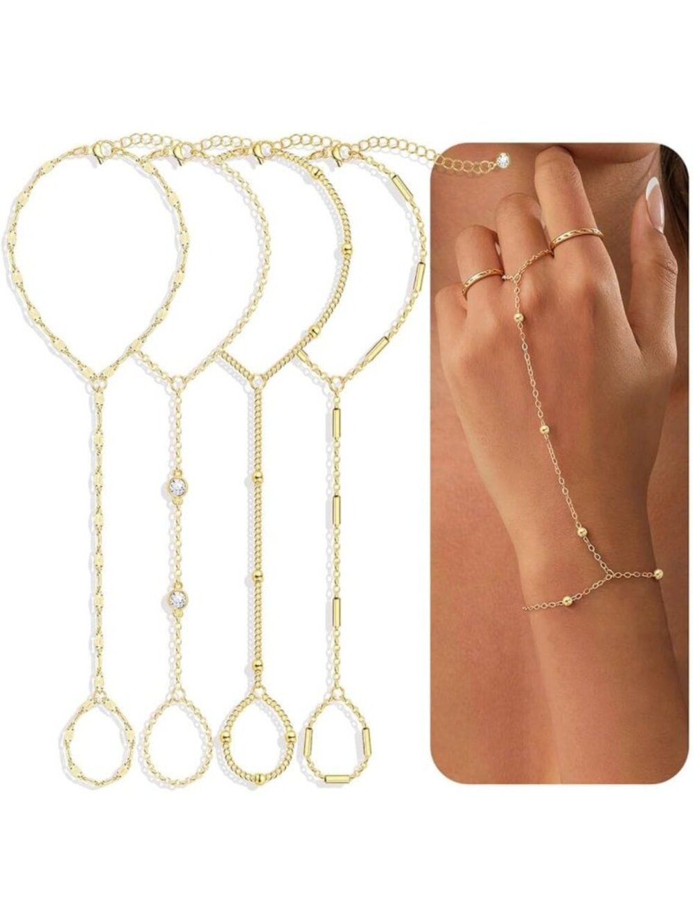 Dainty Gold Hand Chain Bracelets Set - 14K Plated Stackable Ring & Beaded